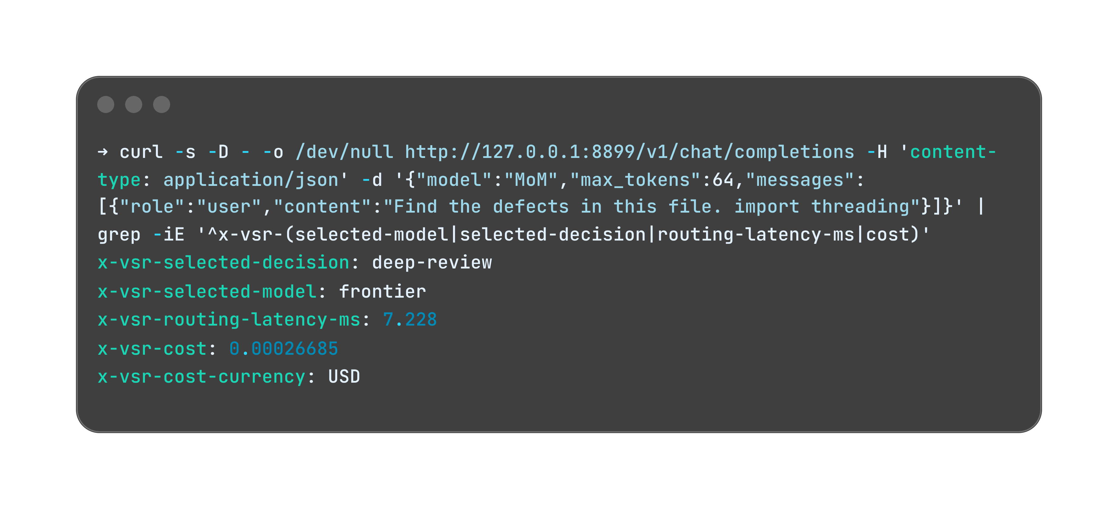 Response headers from one call showing the selected model, the decision, routing latency and cost